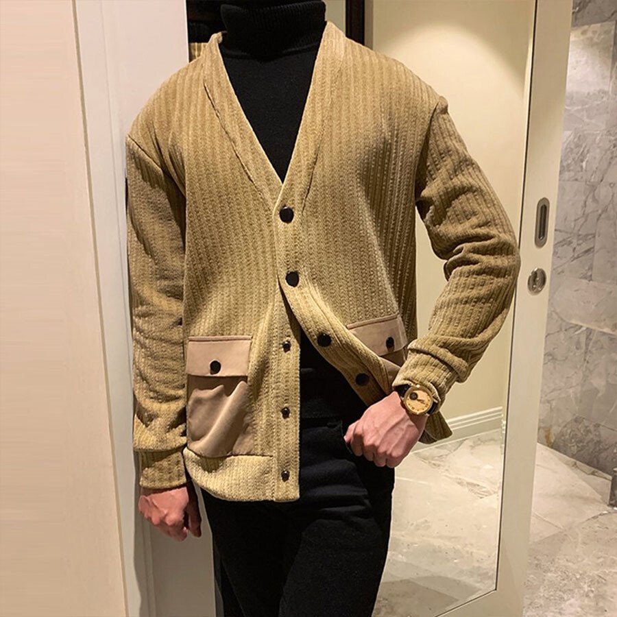Men's Casual Knitted Cardigan Top Khaki L