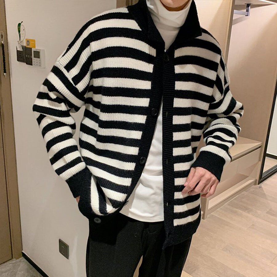 Men's Casual Knitted Cardigan Top Black L