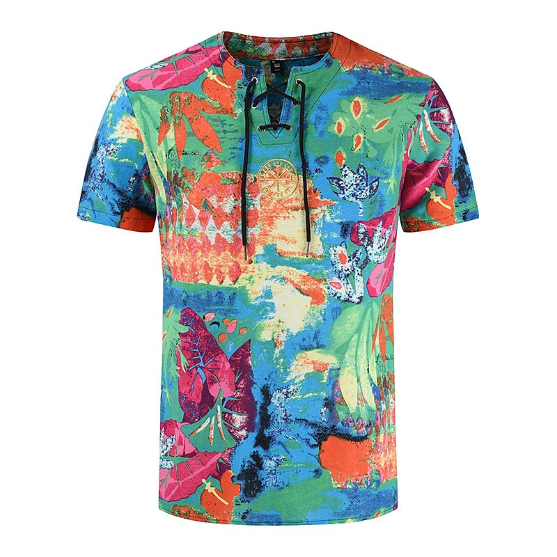 Men's Cotton Linen V-neck T-shirt with Bandage Summer Vintage Printed YC03 3XL