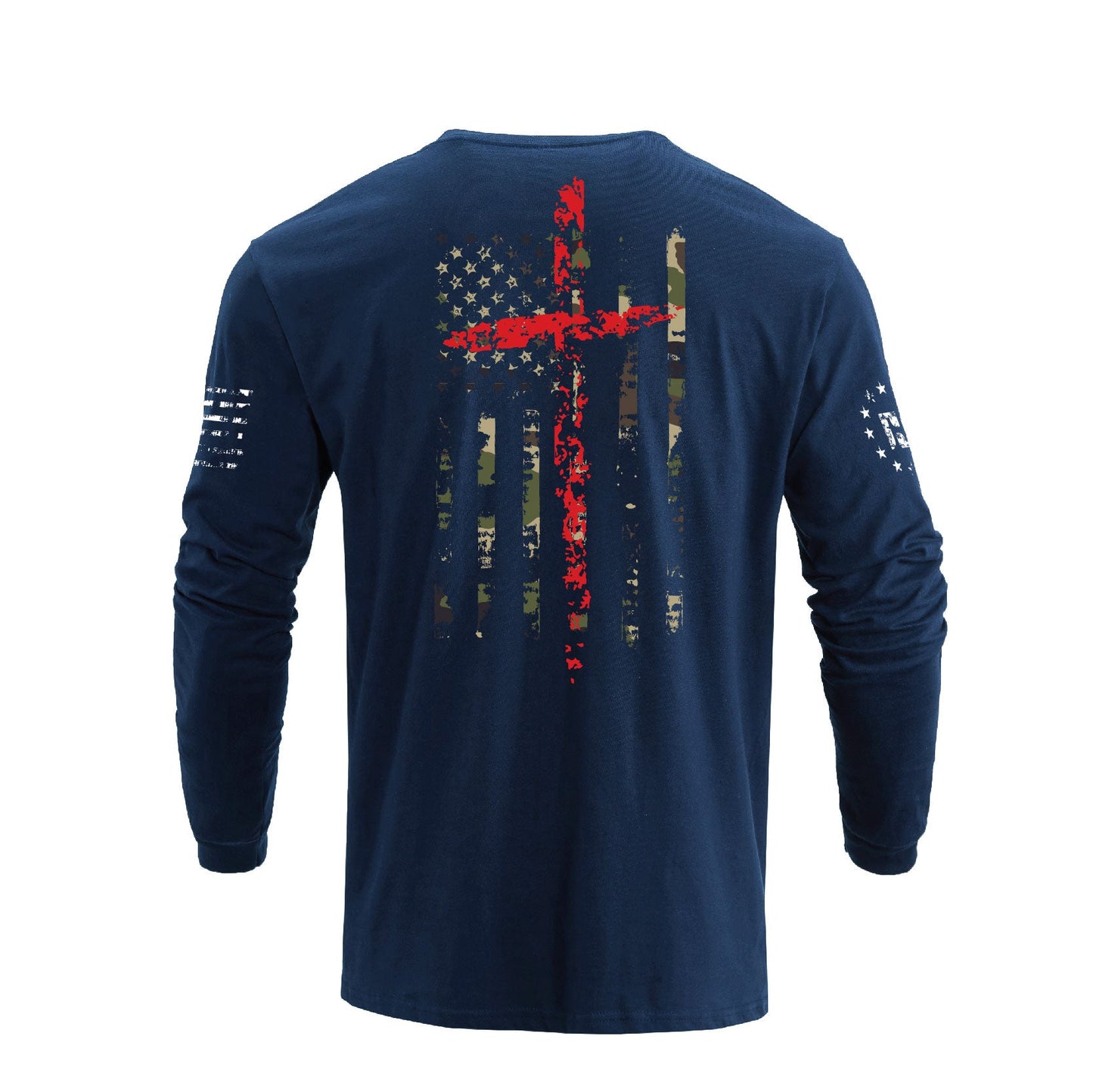 Men's 100% Cotton Patriotic American Flag Camouflage Cross Graphic Midweight Long Sleeve T-shirts