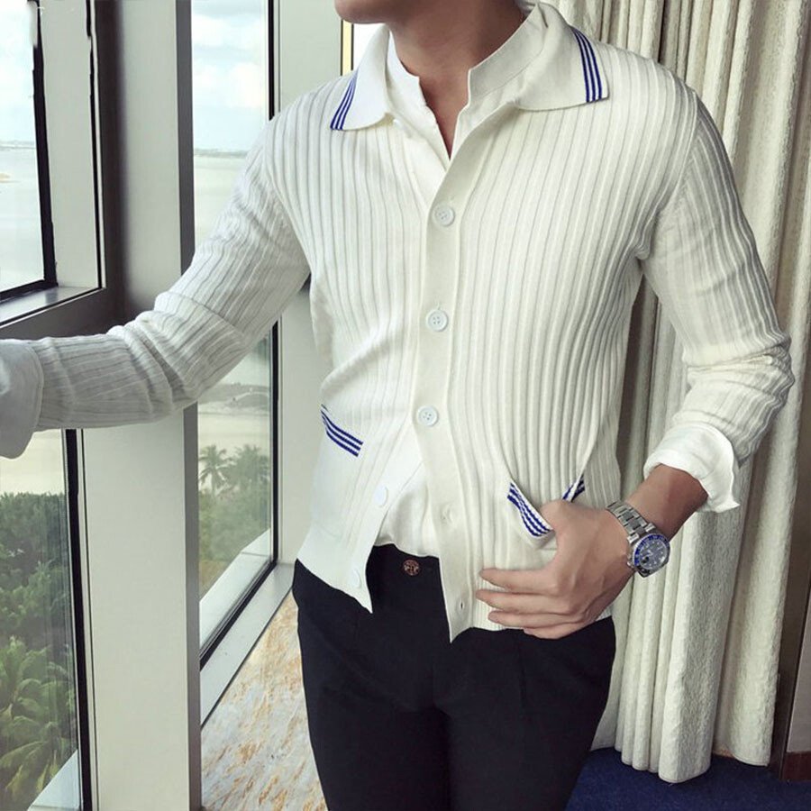 Men's Casual Knitted Cardigan Top White L
