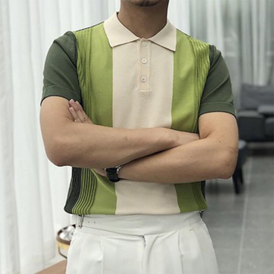 Men's striped color-block short-sleeved sweater T-shirt Green L