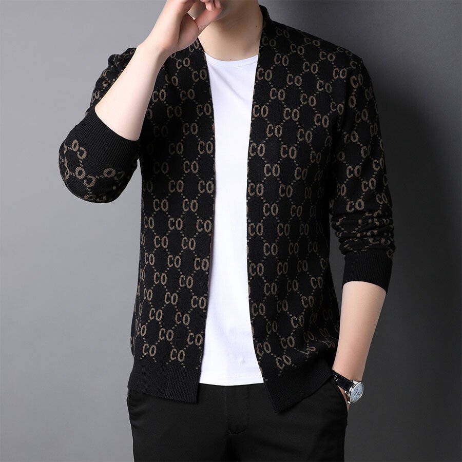 Men's Casual Knitted Cardigan Top Black 2XL