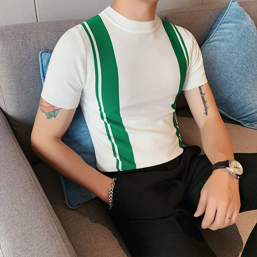 Men's Casual Striped Colorblock Short Sleeve Knit T-Shirt White XL