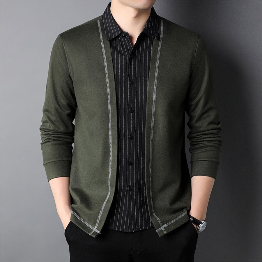Men's Casual Knitted =Cardigan Fake Two-Piece Top Black XL