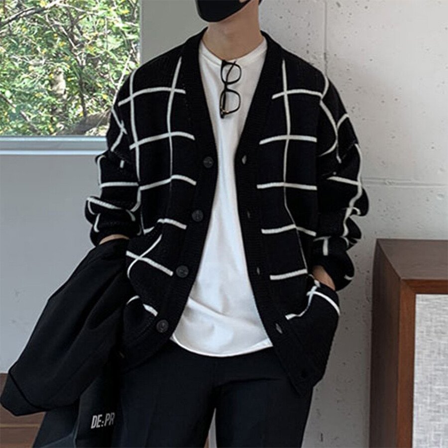 Men's Casual Knitted Cardigan Top Black M