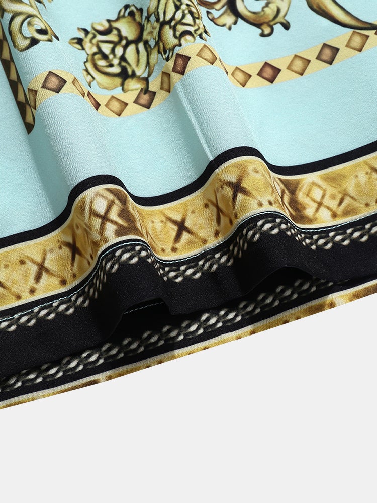 Mens Luxury Baroque Print Short Sleeve Drawstring Two Piece Outfits