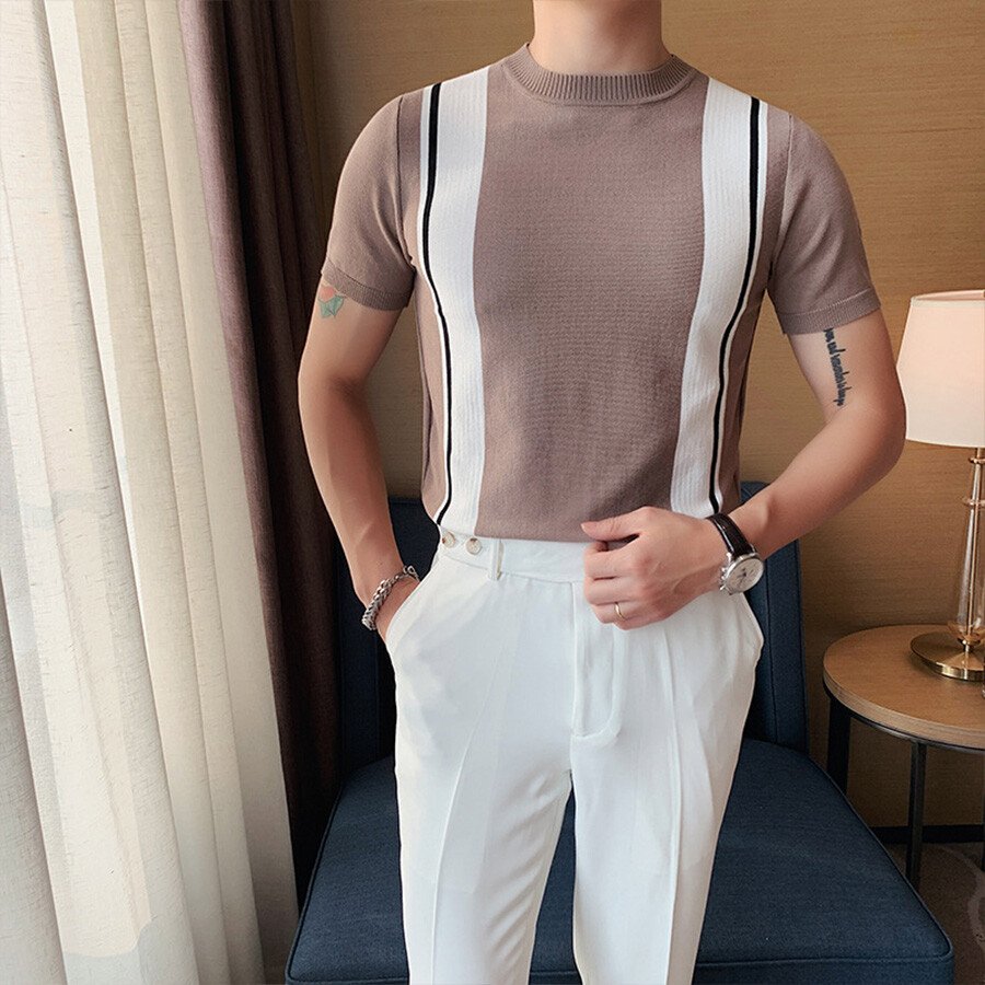 Men's Casual Striped Colorblock Short Sleeve Knit T-Shirt Black XL