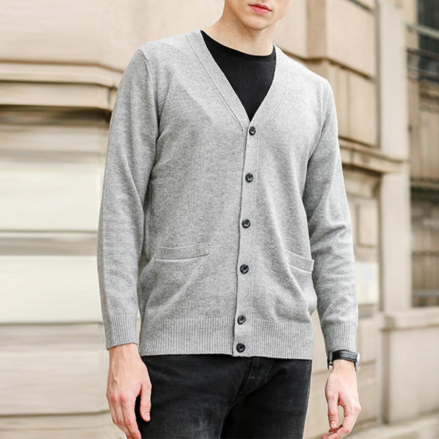 Men's Casual Knitted Cardigan Top Light Grey L