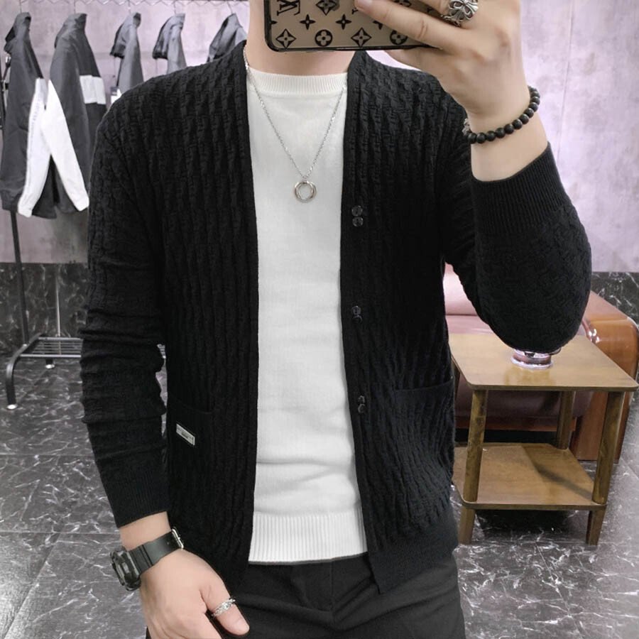 Men's Casual Knitted Cardigan Top Black M