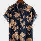 Mens Vintage Leaf Print Button Up Holiday Cotton Short Sleeve Shirts