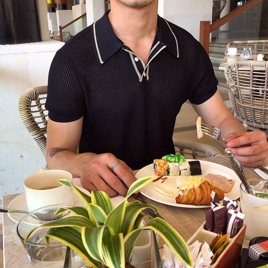 Men's Casual Striped Short Sleeve Knit T-Shirt Black M