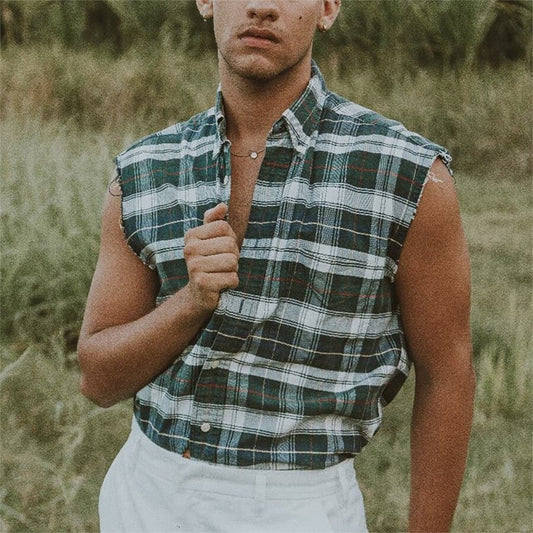 Men's Casual Lapel Plaid Print T-Shirt Top Green S