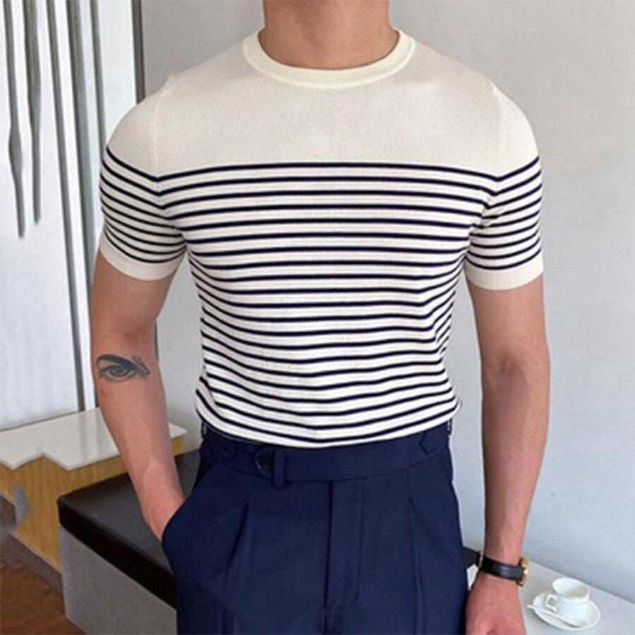 Men's Striped Round Neck Short Sleeve Knit T-shirt White S