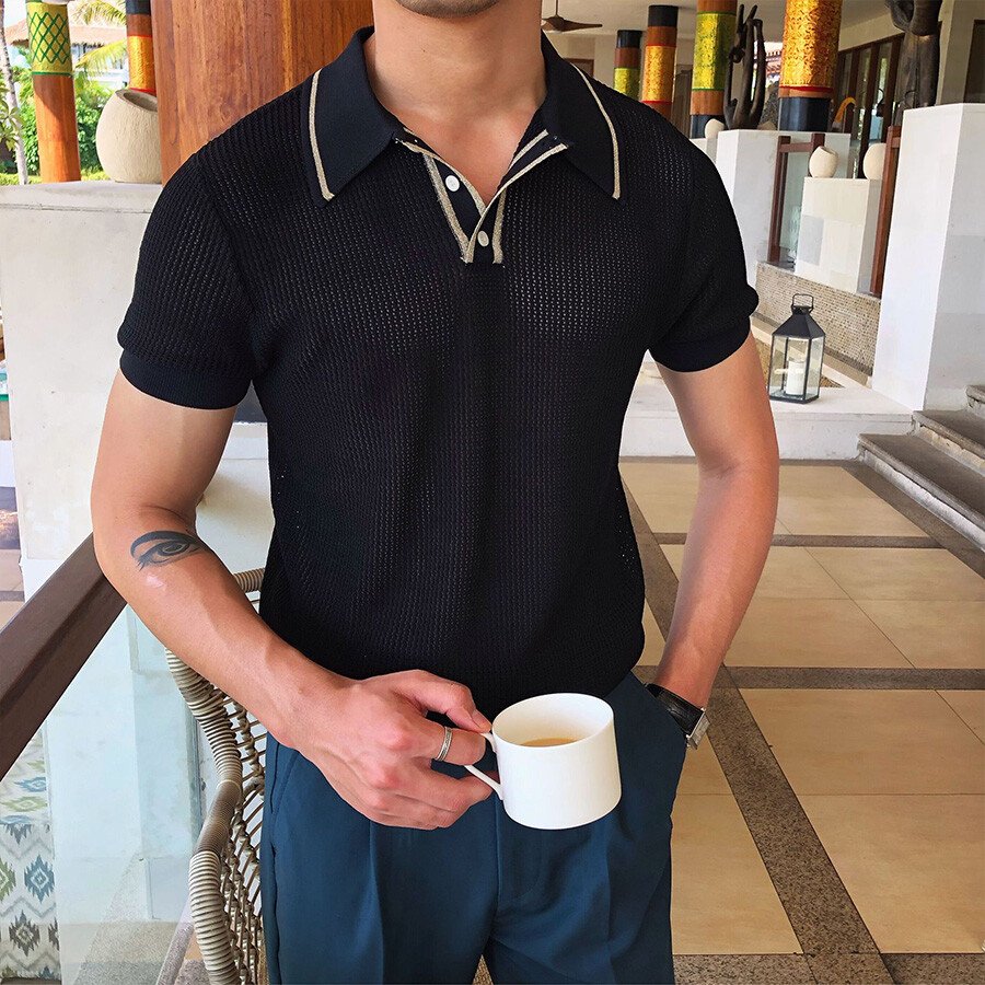 Men's Casual Striped Short Sleeve Knit T-Shirt Black XL