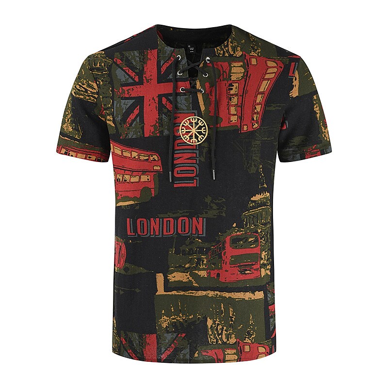 Men's Cotton Linen V-neck T-shirt with Bandage Summer Vintage Printed  YC03 M