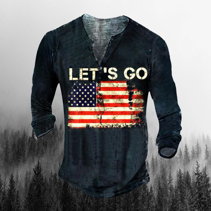 Let's Go Travel Pattern Men'S Outdoor Leisure Henry Long Sleeve