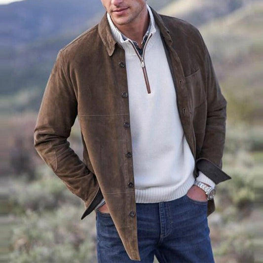 Men's Casual Solid Color Pocket Jacket Brown M