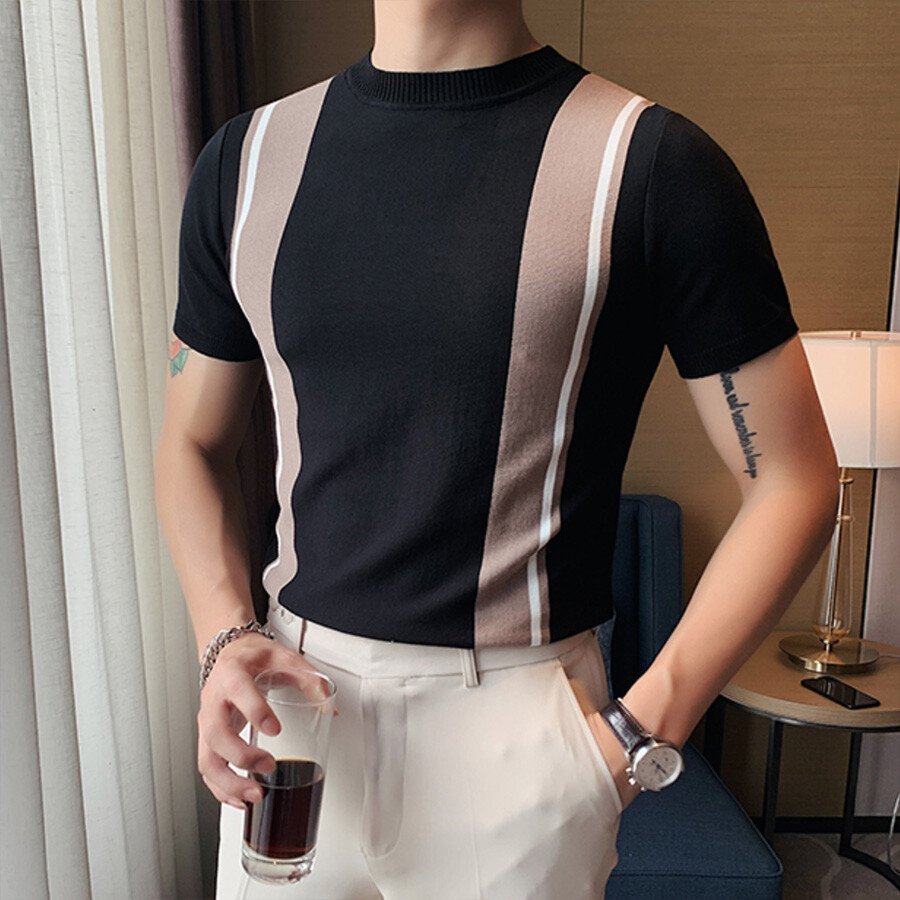 Men's Casual Striped Colorblock Short Sleeve Knit T-Shirt Black M