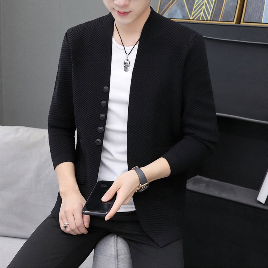 Men's Casual Knitted Cardigan Top Black M