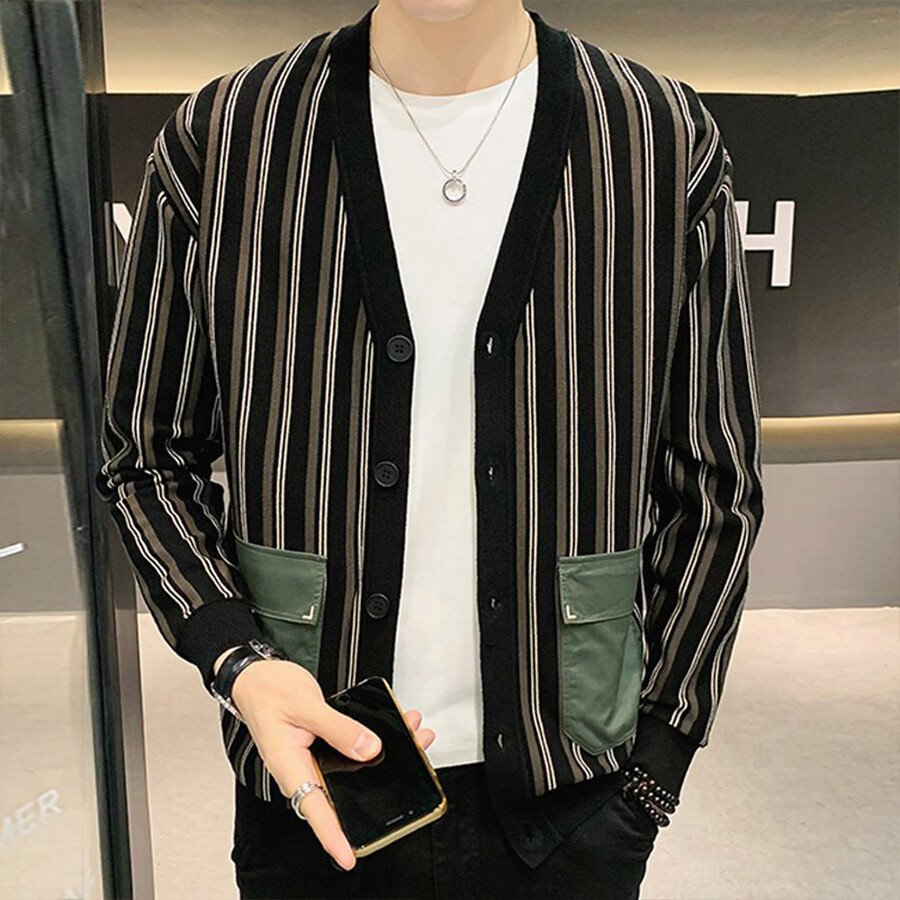 Men's Casual Knitted Cardigan Top Black M