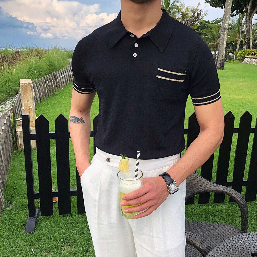 Men's Casual Striped Short Sleeve Knit T-Shirt Black M
