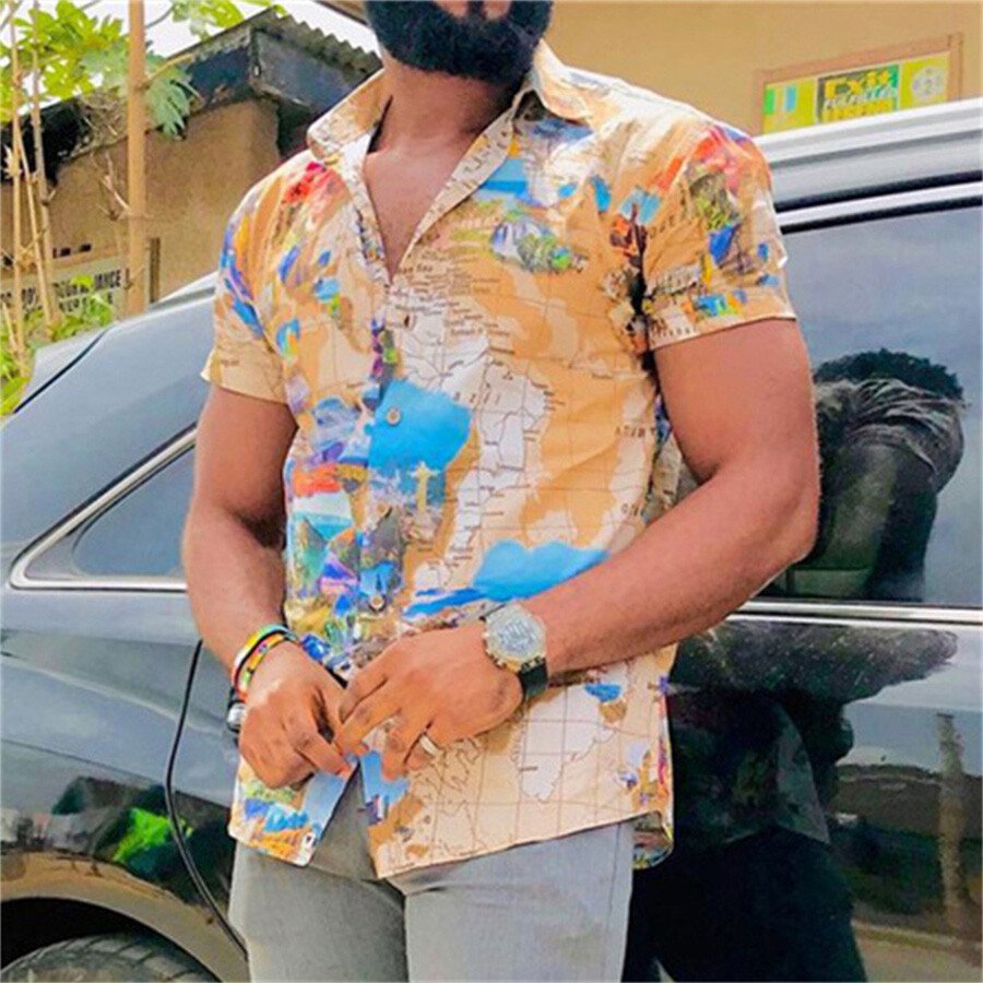 Men's Casual Lapel Cotton And Linen Short-Sleeved Shirt T-Shirt Top Multicolor L