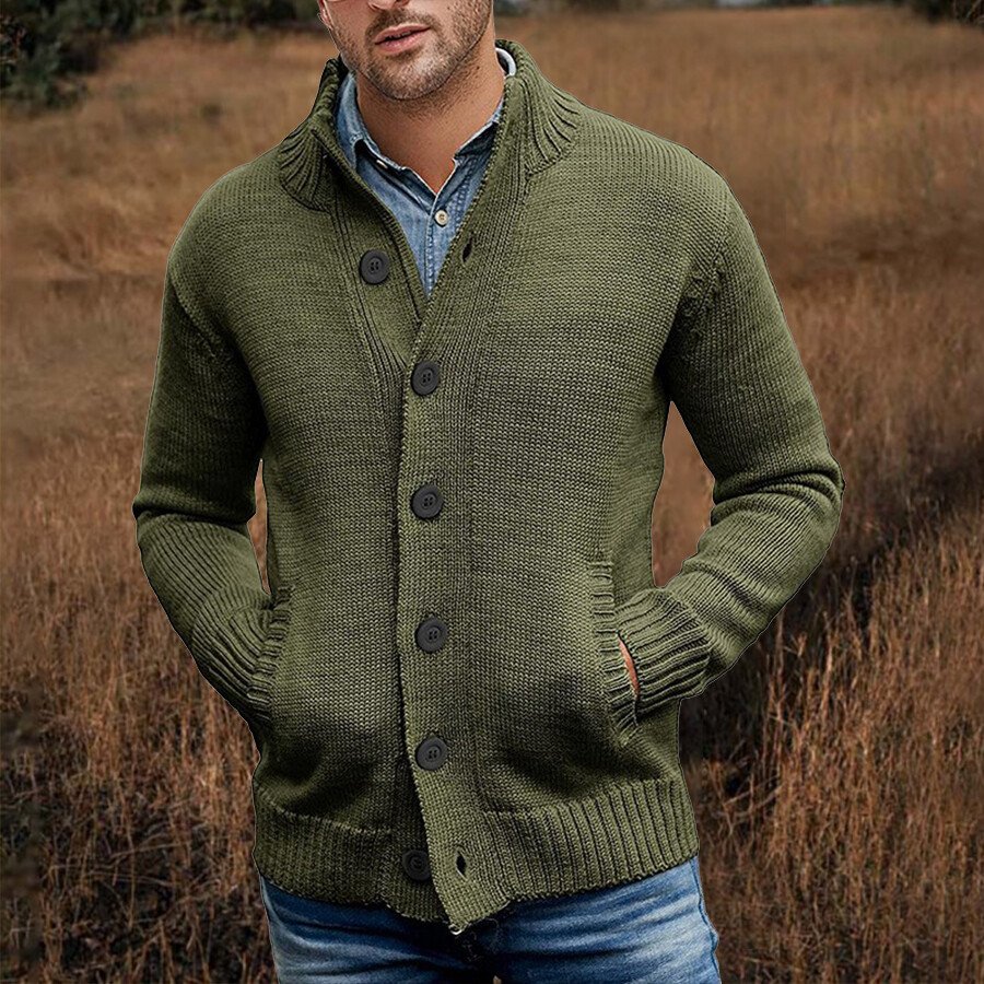 Men's Casual Solid Color Sweater Cardigan Jacket Brown L
