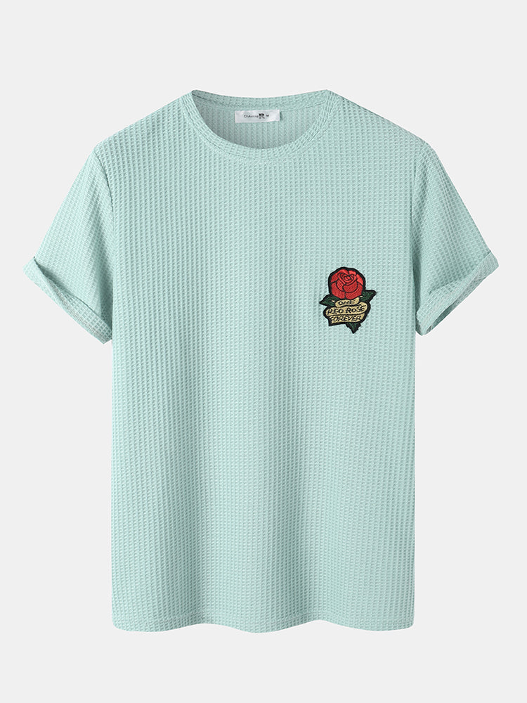 Mens Rose Embroidery Patched Knitted Short Sleeve T-Shirt & Shorts Casual Co-ords