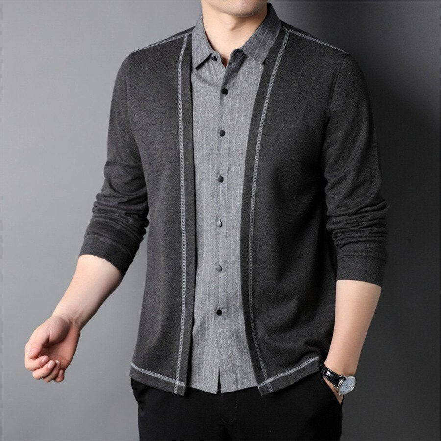 Men's Casual Knitted =Cardigan Fake Two-Piece Top Black 2XL