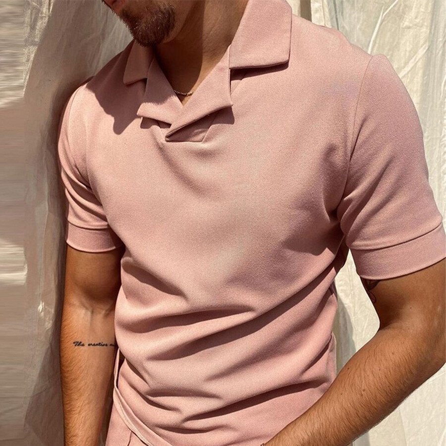 Men's Casual Short Sleeve T-Shirt POLO Shirt Pink M