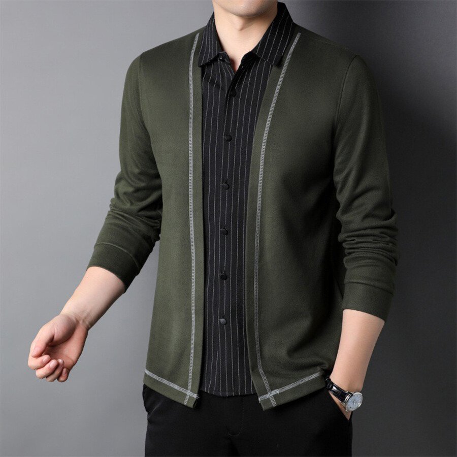 Men's Casual Knitted =Cardigan Fake Two-Piece Top Black 3XL