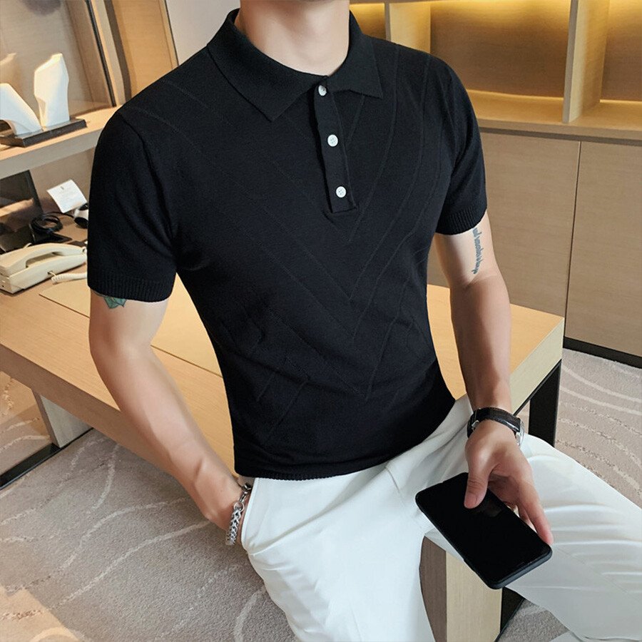 Men's Solid Color Short-Sleeved Sweater T-Shirt Black S