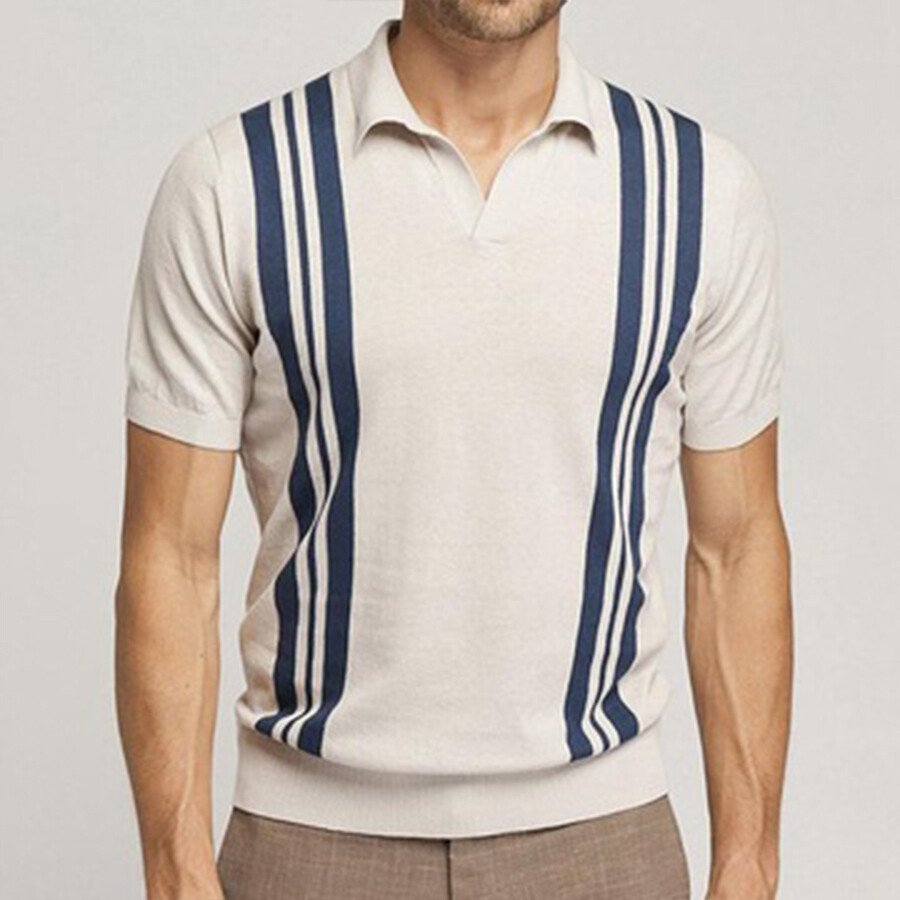 Men's striped color-block short-sleeved sweater T-shirt Beige M