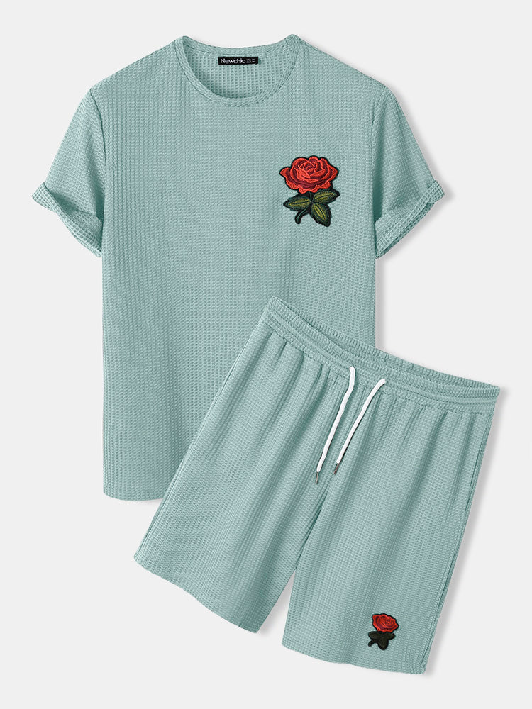 Mens Basic Knitted Rose Embroidery Patch Short Sleeve Casual Two Piece Outfits Cozy Loungewear