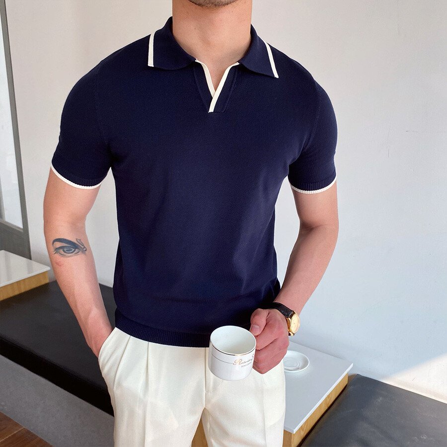 Men's Casual Striped Short Sleeve Knit T-Shirt White L