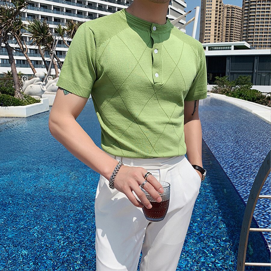 Men's Solid Color Short-Sleeved Sweater T-Shirt Black 2XL
