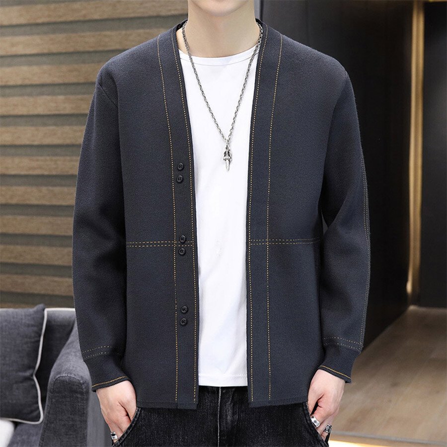 Men's Casual Knitted Cardigan Top Black L