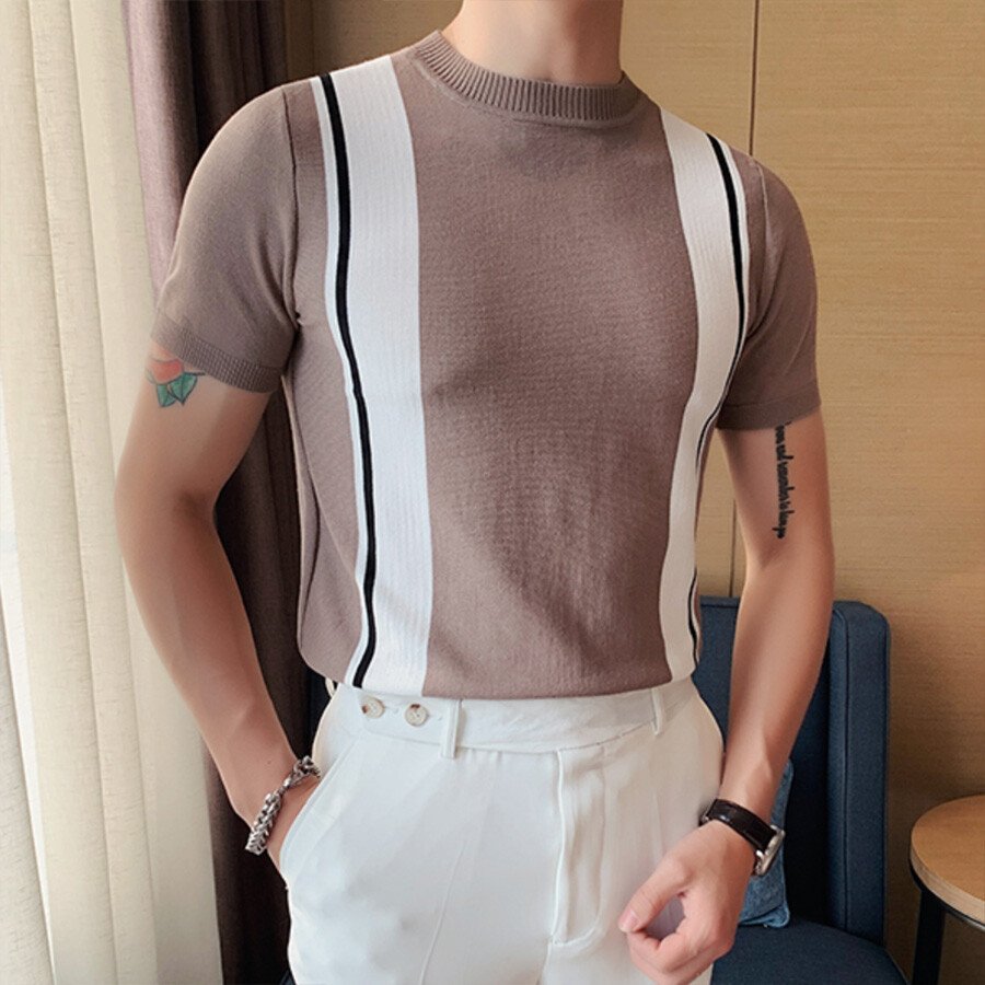 Men's Casual Striped Colorblock Short Sleeve Knit T-Shirt White 3XL
