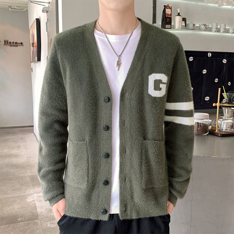 Men's Casual Knitted Cardigan Top Green M