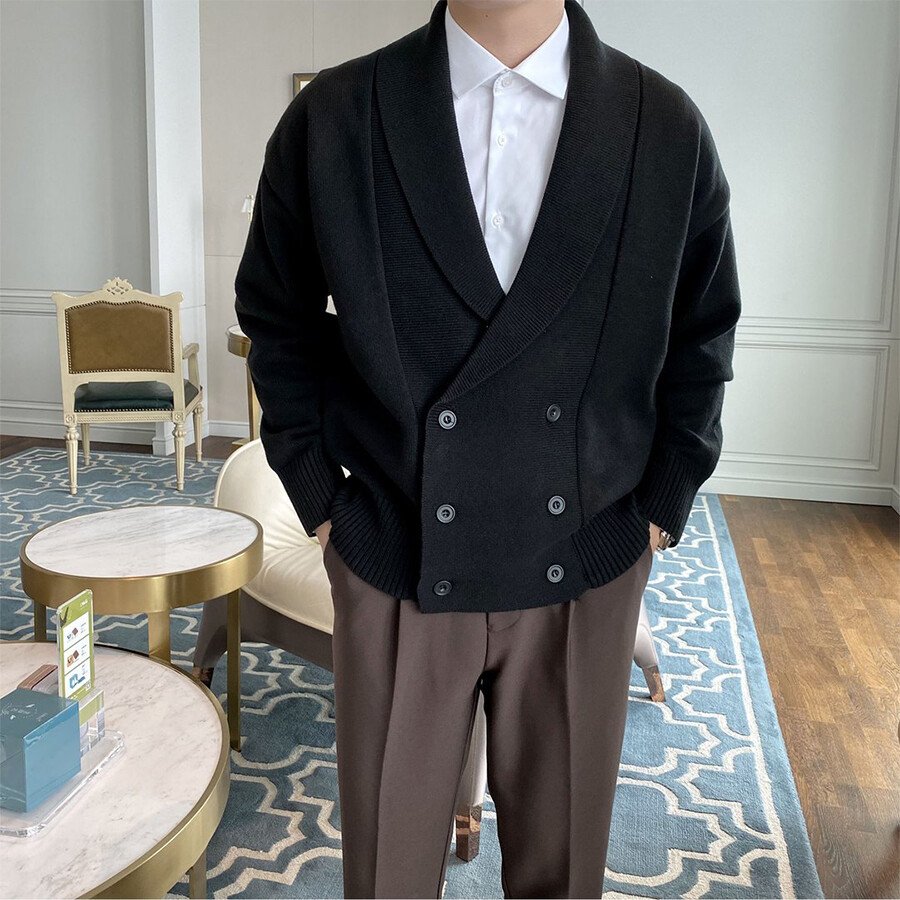 Men's Casual Knitted Cardigan Top Black L