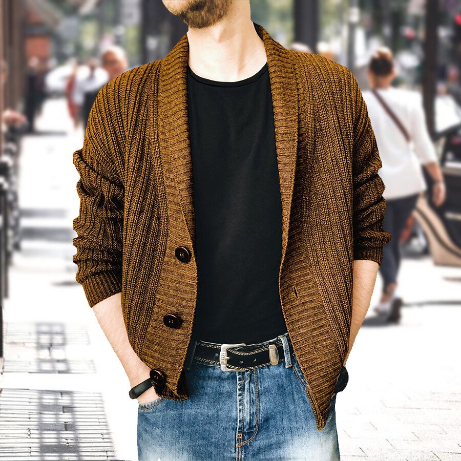 Men's Casual Long-Sleeved Sweater Coat Khaki M