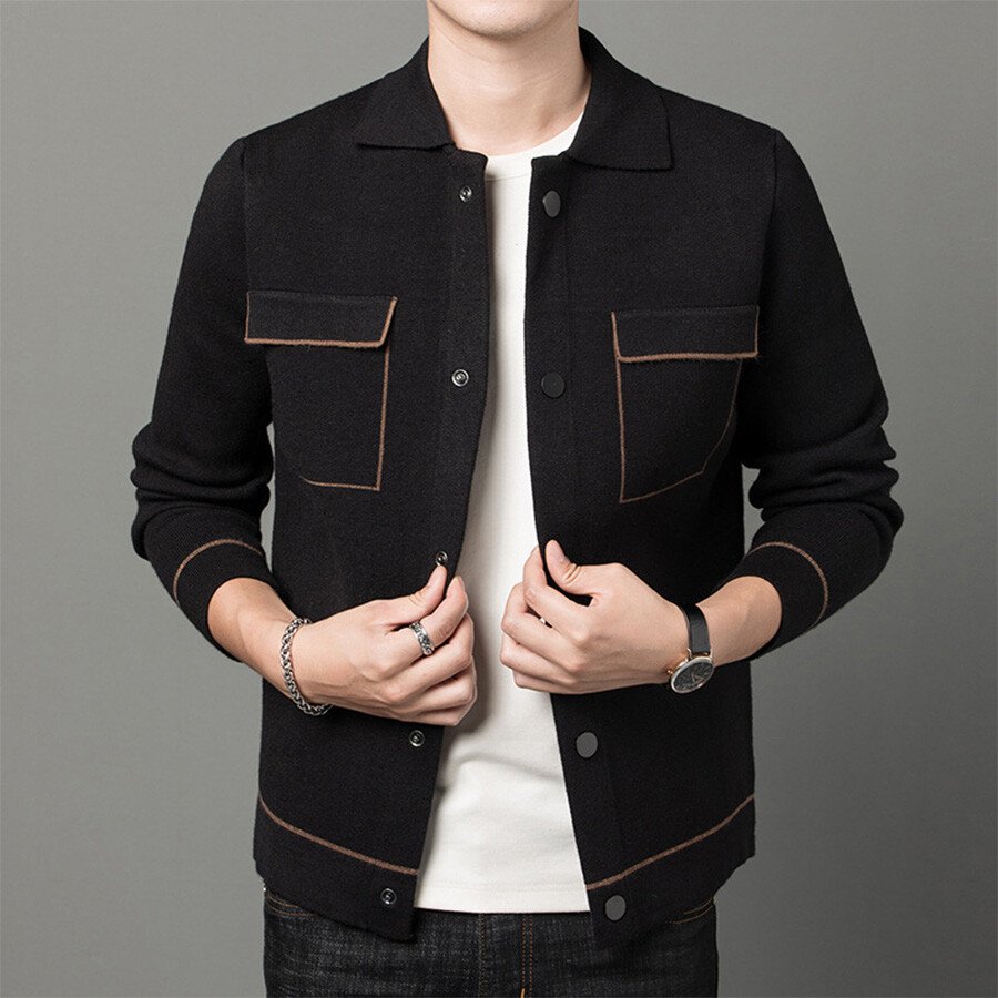 Men's Casual Knitted Cardigan Top Black M