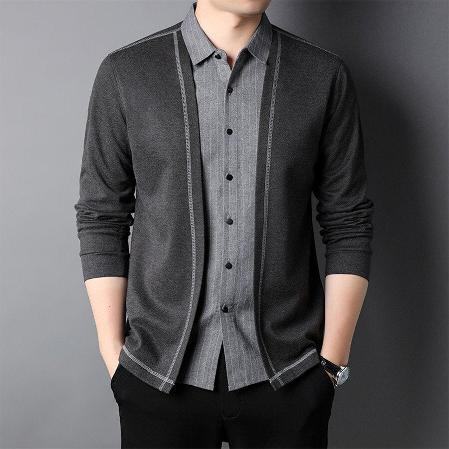Men's Casual Knitted =Cardigan Fake Two-Piece Top Black L