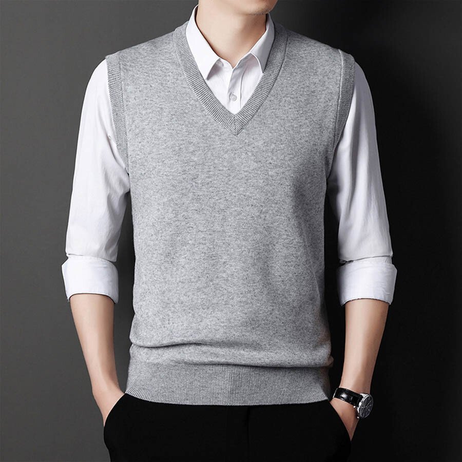 Men's Casual V-Neck Waistcoat Sweater Knit Sweater Red L