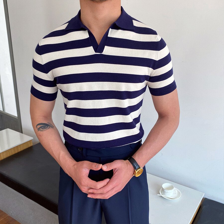 Men's Casual Striped Short Sleeve Knit T-Shirt Dark Blue L
