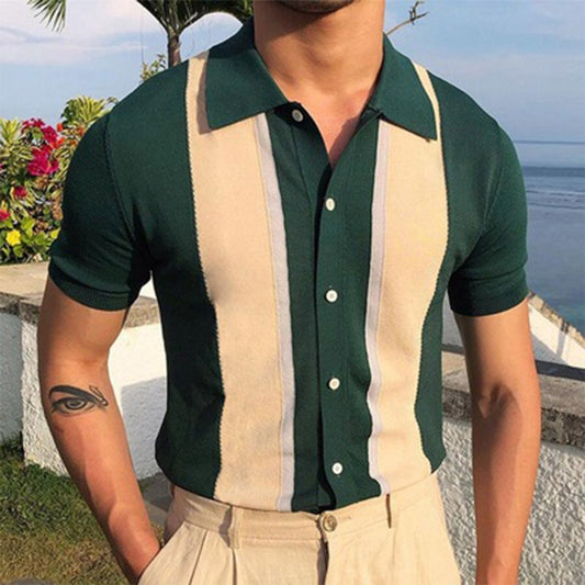Men's striped color-block short-sleeved sweater T-shirt Green S