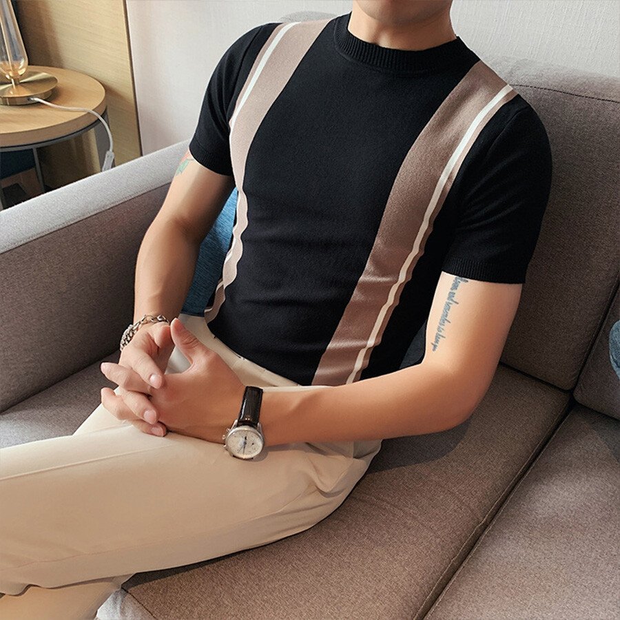 Men's Casual Striped Colorblock Short Sleeve Knit T-Shirt Grey M