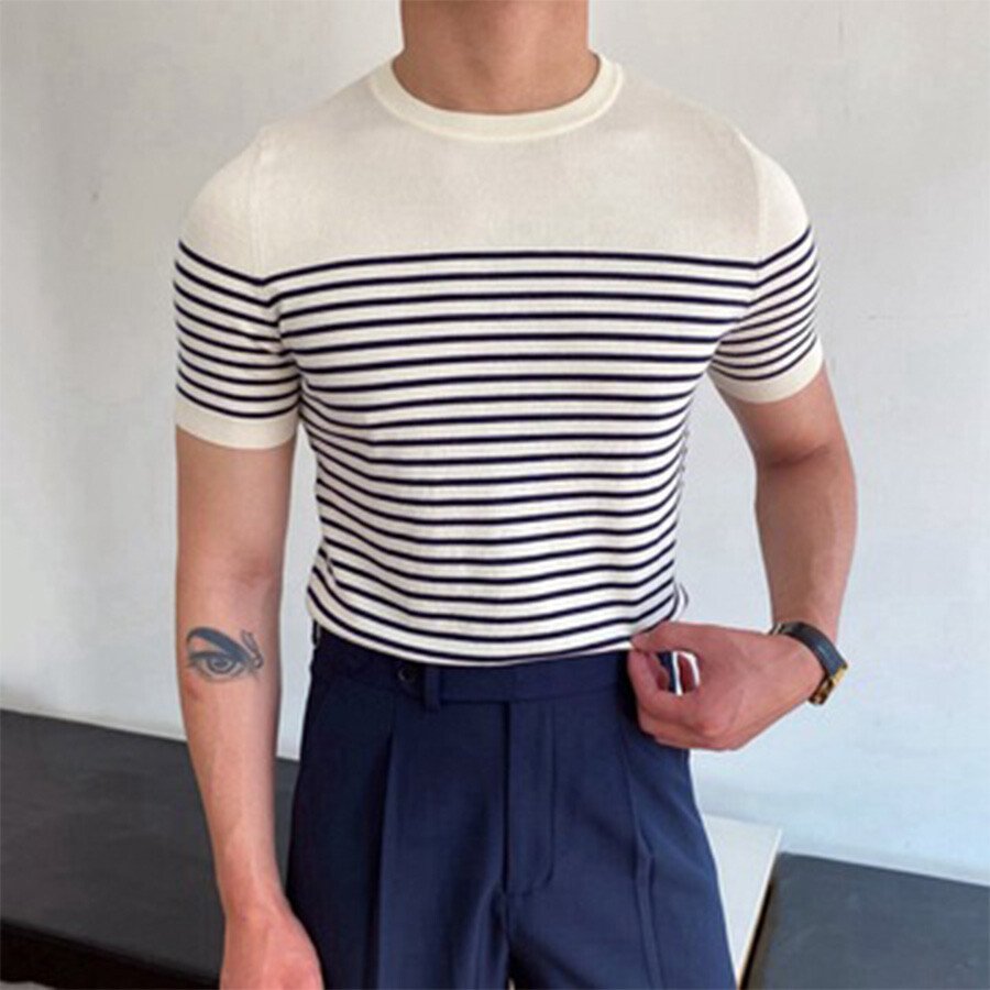 Men's Striped Round Neck Short Sleeve Knit T-shirt White M