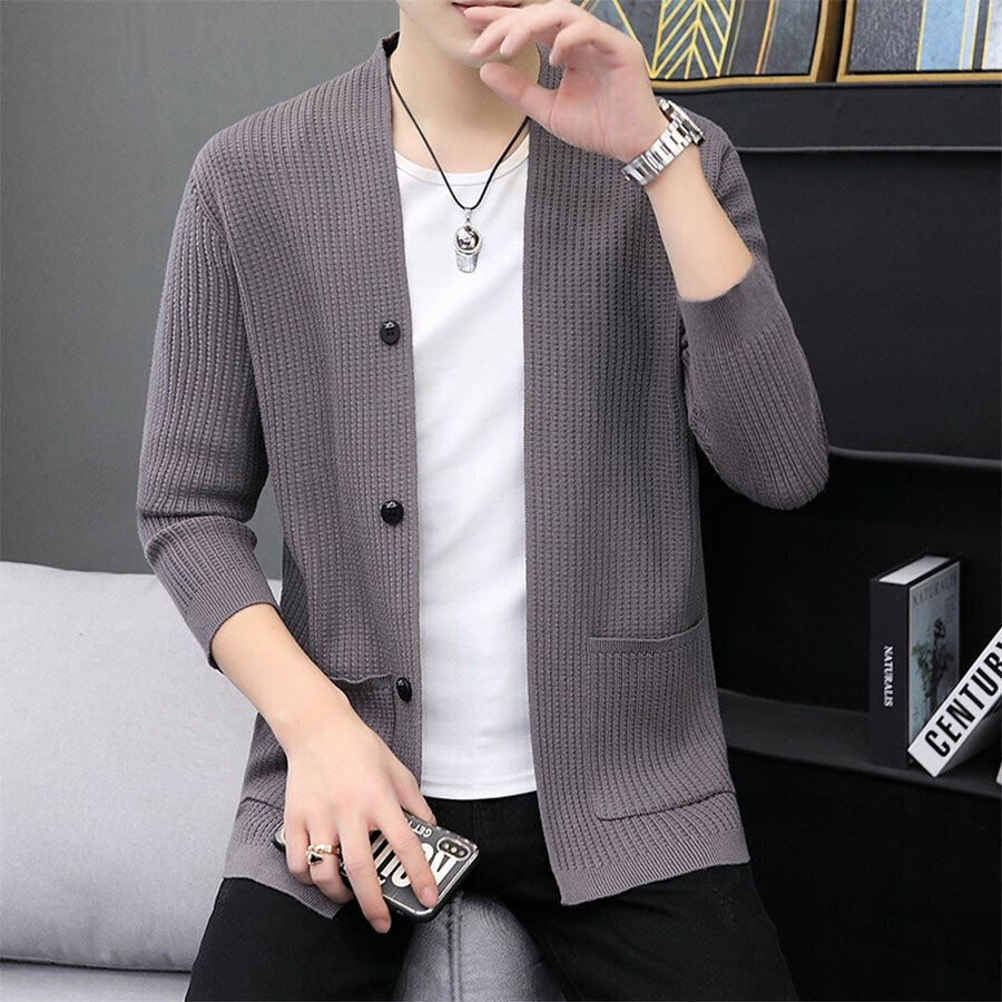 Men's Casual Knitted Cardigan Top Black L